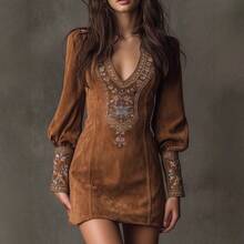 2026 V-Neck Embroidered Dress, Short Skirt, Exquisite And Elegant Bodycon Skirt - Brown - View 3