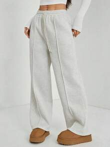 Pantalón de chándal de pierna recta con detalle de guijarro para mujer, mezcla de algodón cómoda - Gris Claro - Ver 1