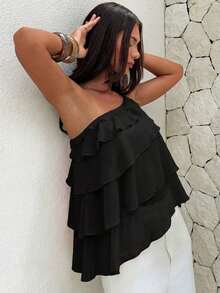 Nueva blusa elegante y romántica de primavera/verano para citas, Día de San Valentín, temporada de bodas, de gasa rosa con un hombro, espalda descubierta, volantes en capas, blusa sexy con volantes para la playa, atuendo de boda, camisa rosa elegan - Negro - Ver 7
