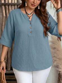 Blusa de estilo minimalista casual con mangas cortas y patrón de rayas marrones, adecuada para primavera/verano - Azul - Ver 4