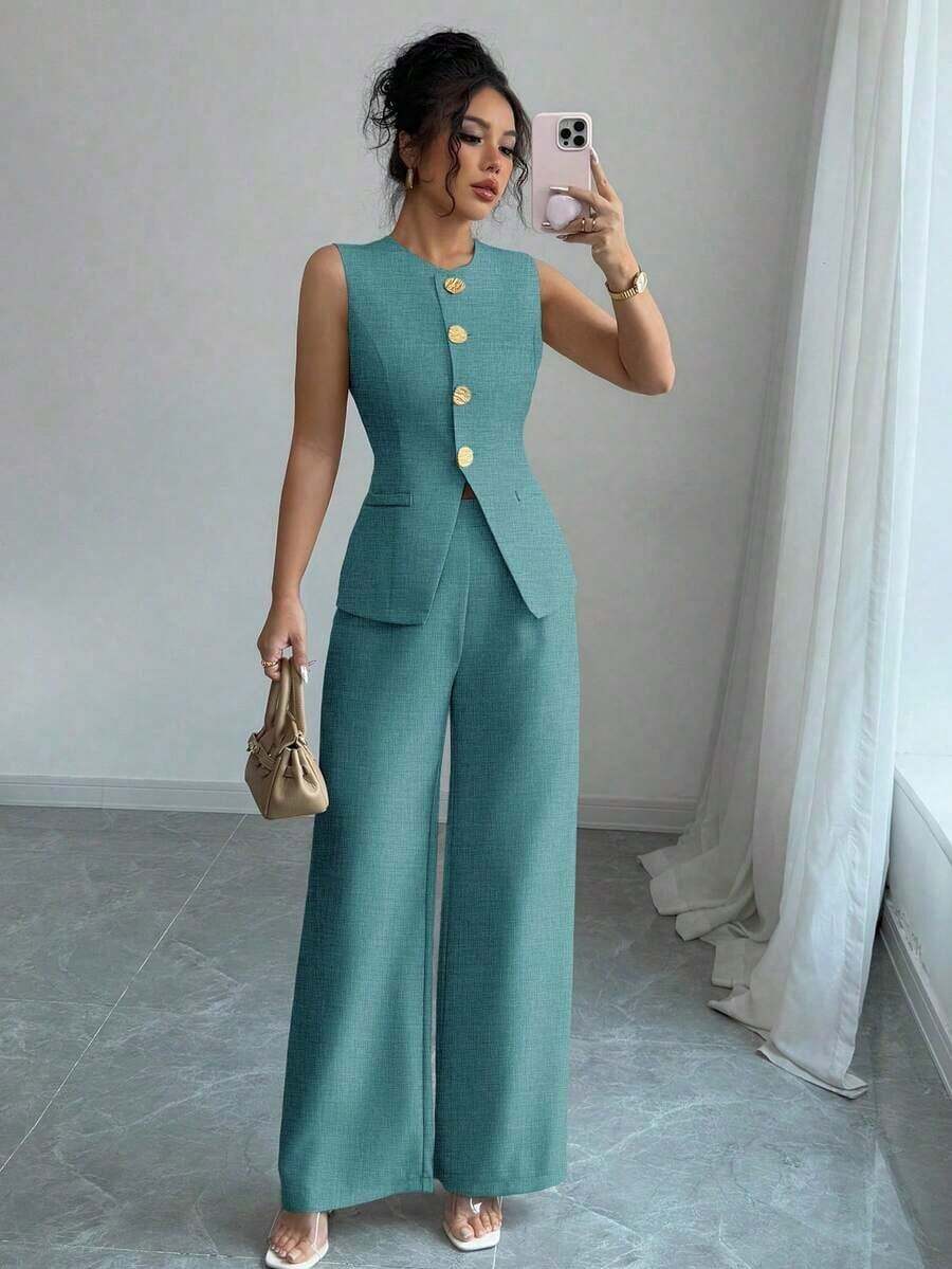 Traje casual/de trabajo elegante de mujer con decoración de botones florales - Verde 2 - Ver 1