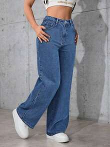 Jeans rectos y sueltos de color liso clásico informal - Azul - Ver 4