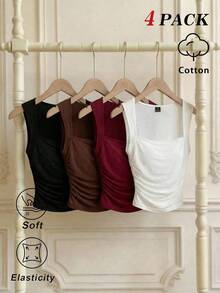 MOD Conjunto de 4 piezas de top de tirantes ajustado y fruncido de cuello cuadrado de varios colores para mujer. Top corto sin mangas en negro, burdeos, marrón y blanco. Elegante y romántico para vacaciones, fiestas, ceremonias, playa, salidas casuales, graduación, etc. Top de algodón elástico y suave. - Multicolor 2 - Ver 11