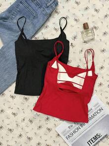 Paquete de 2 tops de camiseta acanalada con sujetador acolchado incorporado - Rosa y Negro/Lunares blancos, tops versátiles casuales para verano y uso en todas las estaciones, estilos suaves y limpios para chica, perfectos para el hogar, la escuela - Negro - Ver 3