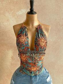 Top sin espalda con cuello halter y textura vintage para mujer, verano - Multicolor - Ver 8