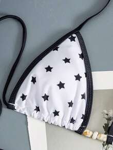 Conjunto de bikini de 2 piezas para mujer - Estampado de estrella con ribete sólido, parte superior tipo triángulo con escote halter (adornada con acentos de cuentas), Bottom tipo short de tiro alto, elegante ropa de playa de verano, traje de baño de tira - Blanco y Negro - Ver 4