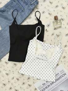 Paquete de 2 tops de camiseta acanalada con sujetador acolchado incorporado - Rosa y Negro/Lunares blancos, tops versátiles casuales para verano y uso en todas las estaciones, estilos suaves y limpios para chica, perfectos para el hogar, la escuela - Negro 2 - Ver 4