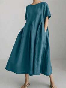 Vestido de lino suelto, casual, elegante y cómodo para mujer.Vestido largo suelto de manga corta, con bolsillo, cuello redondo y unicolor.Ajuste relajado para el verano - Energía azul - Ver 6