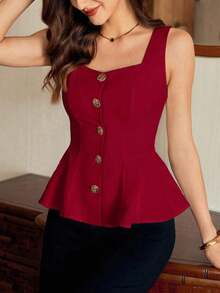 Blusa de mujer vintage, elegante y clásica, con cierre de botones metálicos con forma de flor, blusa sin mangas blanca, para primavera/verano - Burdeos - Ver 8