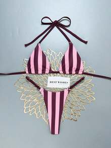 Conjunto de bikini de rayas coloridas y sexy para primavera/verano 2026, traje de baño de estilo minimalista de tres puntos para mujeres jóvenes - Multicolor 7 - Ver 2