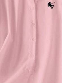 Camisa de mujer de unicolor con cuello en V y botones - Blusa casual y elegante de manga larga con detalle de bolsillo, adecuada para vacaciones, viajes y uso diario, artículo esencial para primavera, verano, otoño e invierno - Estampado de caballero rosa - Ver 6