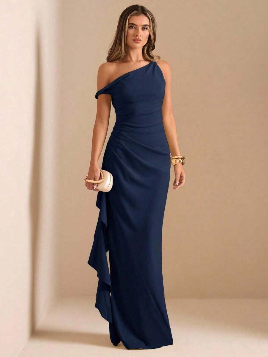 de dama de honor de otoño/invierno, vestido largo elegante con pliegues, abertura alta, volantes y hombros oblicuos con nudo retorcido y sin tirantes, sexy para fiestas - Azul marino - Ver 1