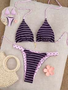 Conjunto de bikini reversible con estampado de lunares en contraste, con escote halter y nudo en la espalda, de estilo dulce y sexy, para vacaciones en la playa - Multicolor 3 - Ver 3