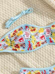 Set de 2 piezas Bikini bandeau con estampado floral rosa para mujer, con tirantes desmontables adecuado para vacaciones en la isla y sesiones de fotos en la playa en verano - Multicolor 12 - Ver 5