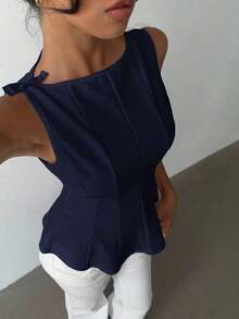 sin mangas elegante para ir a la oficina, diseño minimalista, casual de negocios para mujer, ropa de oficina, salir, para maestras, blusa casual para mujer, blusa social para mujer - Azul marino - Ver 4