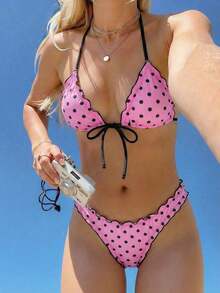 Conjunto de bikini de dos piezas con estampado de lunares, camiseta con lazo sexy y traje de baño para vacaciones en la playa para mujer - Rosa 3 - Ver 9