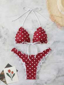 Conjunto de bikini de dos piezas con estampado de lunares, camiseta con lazo sexy y traje de baño para vacaciones en la playa para mujer - Rojo - Ver 8