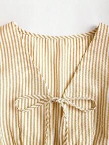Pantalones rectos versátiles con cordones y estampado de rayas rosa, nuevo conjunto de 2 piezas para mujer, estilo europeo y americano de verano - Caqui - Ver 5