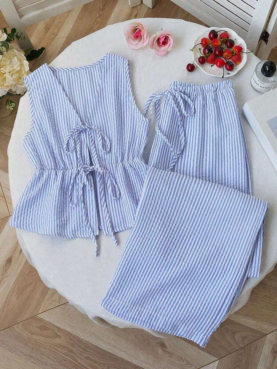 Set de 2 pantalones rectos de pierna sencilla con cordón, estilo versátil, a rayas rosas, de llegada nueva para el verano estilo europeo y americano, para mujer - Celeste - Ver 1