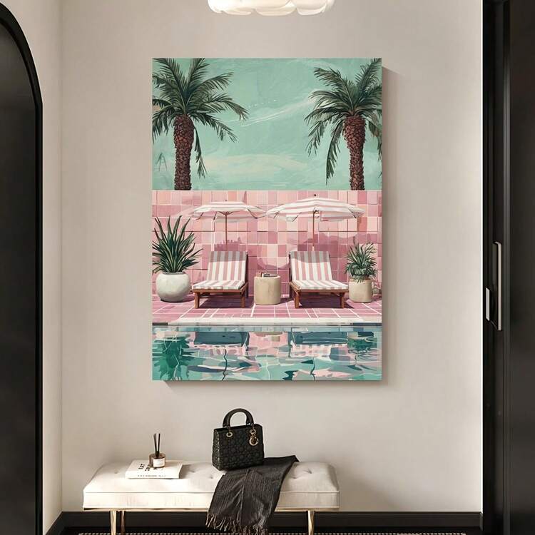 Enmarcado [2D Plano] 1 póster de lienzo tropical junto a la piscina - Azulejos rosas, tumbonas y palmeras - Decoración de pared costera moderna para sala de estar, dormitorio, baño, oficina, cafetería -  plano fácil de colgar - Póster de arte para decoración del hogar, 2D plano, perfecto para la decoración de habitaciones - Enmarcado - Añade 3