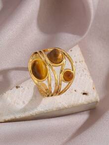 1pc 18K Gold Plated Stainless Steel Vintage Luxury Elegant Tiger Eye & Pearl Ring, Women's Fashion Accessory Suitable For Daily Wear, Parties, Gatherings, Festivals, Also As A Gift - Gold - View 3