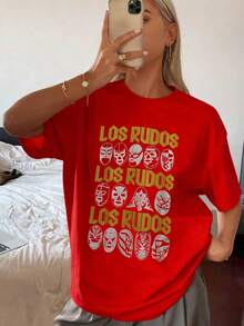 Vintage Print Of Iconic Wrestler Masks And The Phrase LOS RUDOS Symbolizes The Bravery, Resilience, And Defiant Spirit Of Mexican Anti-Heroes, Showcasing Their Indomitable Strength And Passion. Women's T-Shirt 220g Fashion 100% Cotton - 紅色的 - 查看 7