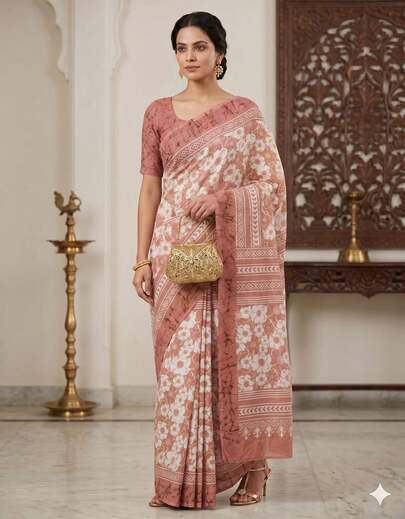  Estationeryhouse Satin Printed Floral Saree With Blouse Piece