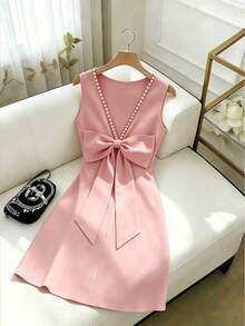 Vestido sin mangas con lazo decorativo con cuentas y espalda descubierta para mujer en color rojo - Rosa - Ver 11