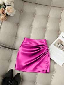 Falda ajustado plisada de cintura alta con dobladillo asimétrico brillante y elegante para mujer, primavera/verano - Rosa Fucsia - Ver 5
