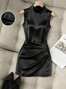 Nuevo vestido de mujer de moda con cuello alto brillante, sin mangas, cintura fruncida y asimétrico de ajuste ceñido - Negro - Ver 1