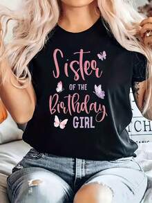 Women's Size T-Shirt With Graphic Print "Birthday Sister", Short Sleeves And Round Neck, Casual Top For Summer And Spring, Women's Clothing - 黑色 - 查看 2