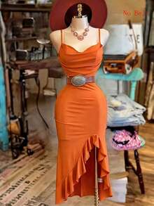 Vestido de tirantes con bajo asimétrico y abertura, unicolor (cinturón no incluido) - Naranja - Ver 4