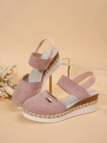 Mila Footwear Women's Extra Large Size Wedge Thick Bottom Closed Toe Pink Rope Sole Beach Holiday Style Sandals, Summer New Colorblock Elastic Strap Roman Sandals - Pink - View 7