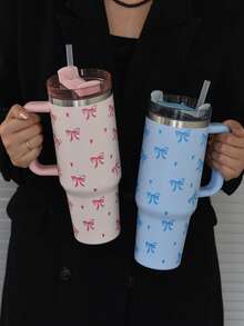 1個/1套 40oz-14oz 大容量鋼製真空保溫杯附手把、杯子與刷子組，愛心與蝴蝶結裝飾，304不鏽鋼內膽與201不鏽鋼外殼，雙層真空設計，多色噴漆戶外便攜杯，冷熱保溫，附PP吸管，適用於汽車、學校、辦公室、戶外、健身房與居家，女性、青少年、母親節、節日與生日的理想禮物，刷子、吸管與矽膠墊配件可一起購買，畢業禮物，杯子、咖啡杯、馬克杯、保溫水瓶 - 彩色 - 查看 3