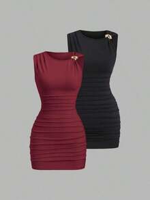 Conjunto de 2 piezas de moda europea y americana para mujer, vestido mini versátil casual y de oficina con decoración metálica retorcida y asimétrica - Multicolor - Ver 1