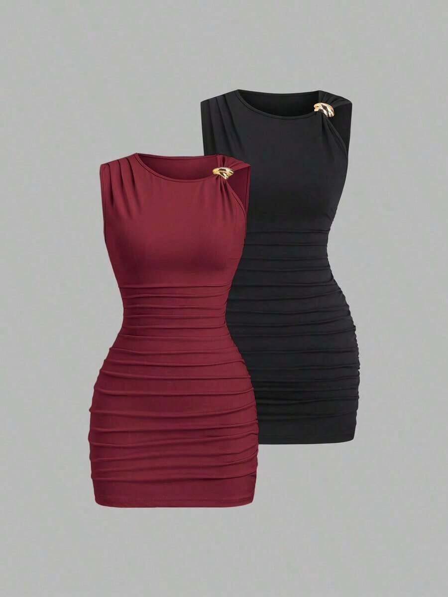 Conjunto de 2 piezas de moda europea y americana para mujer, vestido mini versátil casual y de oficina con decoración metálica retorcida y asimétrica - Multicolor - Ver 1