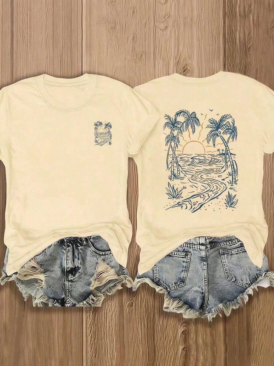 Women's Palm Tree Print Casual Round Neck Short Sleeve T-Shirt, Vacation/Resort WearPrinted Round Neck Short Sleeve Women's Tee - Daily Casual, Sports & Fitness, All Seasons (Perfect For /Valentine's Day) - Màu be - Xem 1
