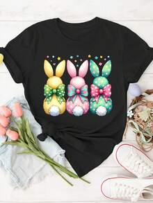Short-Sleeved T-Shirt With Round Neck, Printed Polka Dot Bow Rabbit Pattern, Stylish Easter Gift For Women, Perfect For Spring, Summer And Autumn, Ideal For Elegant Photos, Commuting, Vacations And Everyday Wear With A Vintage Style - 黑色 - 查看 1