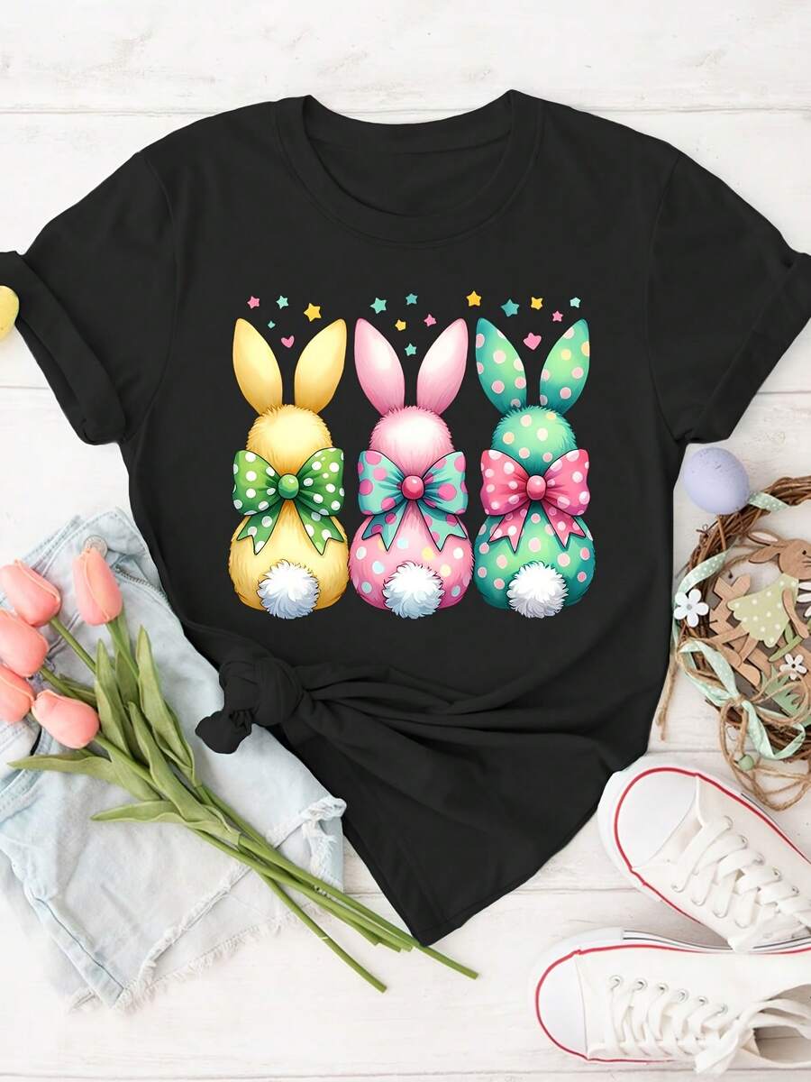Short-Sleeved T-Shirt With Round Neck, Printed Polka Dot Bow Rabbit Pattern, Stylish Easter Gift For Women, Perfect For Spring, Summer And Autumn, Ideal For Elegant Photos, Commuting, Vacations And Everyday Wear With A Vintage Style - 黑色 - 查看 1