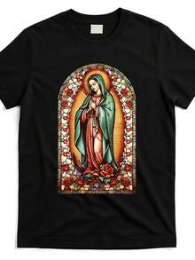 Camiseta de Mujer con Gráfico de la Santa Virgen de Guadalupe |   Mismo Estilo para Hombre y Mujer, Camiseta Estampada de Manga Corta Verano 2025, 220G Puro, Cuello Redondo, Corte Regular, Estilo Vintage - Negro - Ver 1