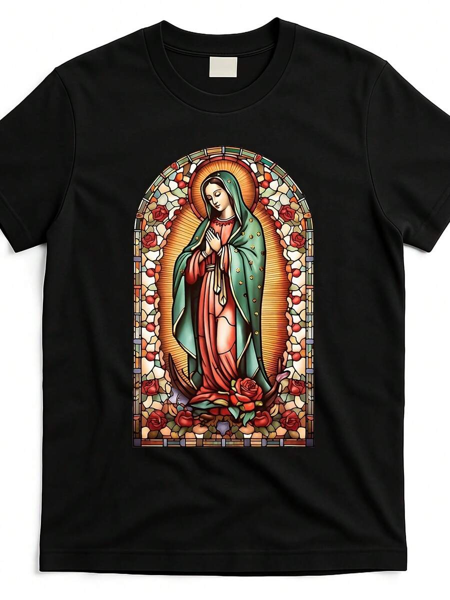 Camiseta de Mujer con Gráfico de la Santa Virgen de Guadalupe |   Mismo Estilo para Hombre y Mujer, Camiseta Estampada de Manga Corta Verano 2025, 220G Puro, Cuello Redondo, Corte Regular, Estilo Vintage - Negro - Ver 1