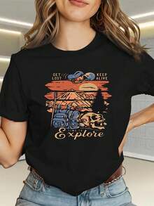 Comfortable And Stylish Women's T-Shirt. Adventure Theme: Adventure Awaits Your Challenge: Lost, Survival, Exploration. This Fashionable Women's T-Shirt Features Cartoon Letter Prints, A Crew Neck, And Sheer Fabric. The Design Is Simple. - 黑色 - 查看 1
