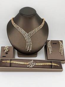 Luxury 4-Piece Jewelry Set: White Zirconia Necklace, Earrings, Ring, Bracelet, Elegant Bridal Jewelry Set For Wedding, Party, Mother's Day Luxury Gift - Gold - View 1