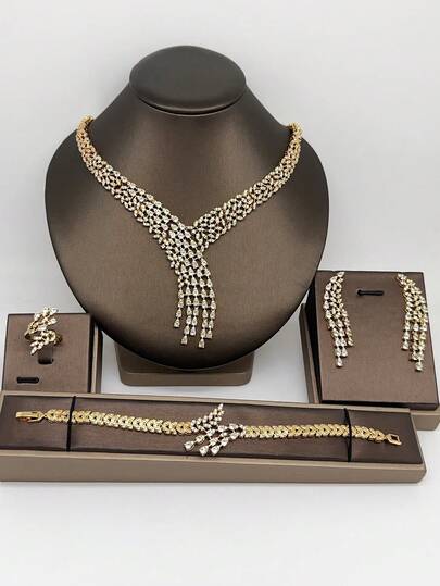 Juego de joyería de lujo de 4 piezas: Collar con circonita blanca, aretes, anillo, pulsera, juego de joyería nupcial elegante para boda, fiesta, regalo de lujo para el Día de la Madre