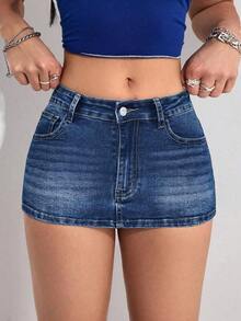 Minifalda vaquera sexy para mujer, de verano - Azul lavado oscuro - Ver 5