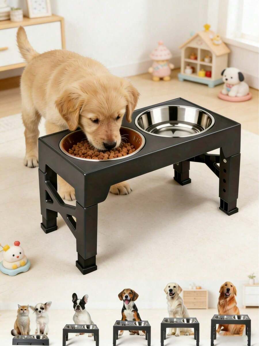 Adjustable Elevated Pet Bowl Stand With 2 Removable Stainless Steel Bowls, Neck Protection Anti-Slip Pet Feeder Suitable For Various Pet Sizes - 1L - View 1