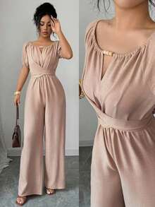 Mono elegante de mujer de pata ancha con cuello redondo, manga larga, cintura retorcida y decoración de cuentas de madera en color caqui para uso diario - Caqui - Ver 8