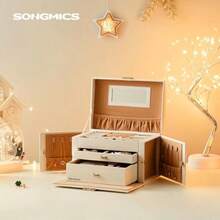SONGMICS Caja Joyero de 3 Niveles, con 2 Cajones, con Mini Caja Portátil para Viajar, con Asa, Cerradura, Regalo Ideal, MJBC121W - Blanco - Ver 3