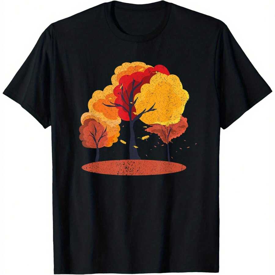 Autumn Trees With Colclothesful Leaves, Nature, Fclothesest, Thanksgiving Autumn, Fresh Graphic T-Shirts Fclothes Men And Women, Casual ClothesG Round - 黑色 - 查看 1