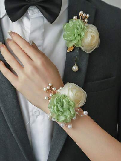 1pc/2pcs White Rose Flower With Lace Trim, Metal Alloy Minimalist Fashion Brooch And Wrist Corsage, Suitable For Groom, Bride, Groomsman, Bridesmaid, Wedding, Engagement, Formal Events, Anniversary